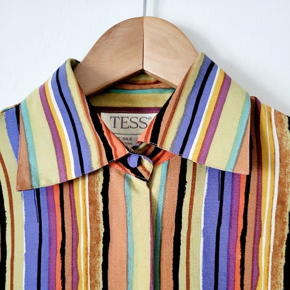 Vintage Tess 100% Silk Multi-colored Striped Long Sleeve Shirt Size S - Picture 6 of 16